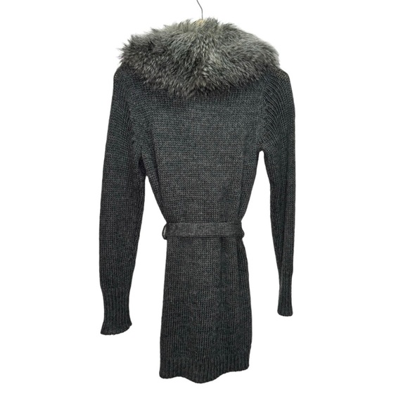Esprit Faux Fur Collar Wrap Grey Knit Cardigan Belted Size Small - Picture 2 of 14